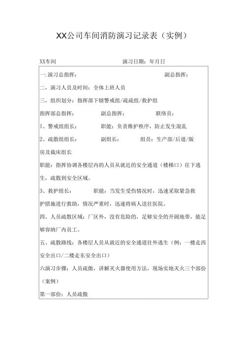 XX公司车间消防演习记录表（实例）.docx