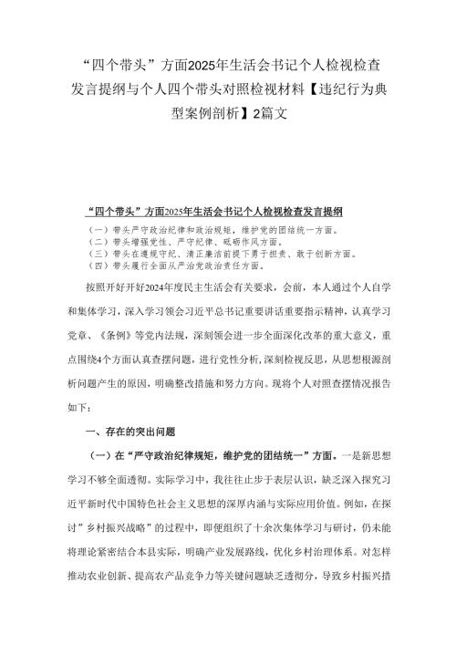 “四个带头”方面2025年生活会书记个人检视检查发言提纲与个人四个带头对照检视材料【违纪行为典型案例剖析】2篇文.docx