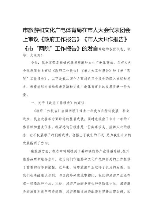 市旅游和文化广电体育局在市人大会代表团会上审议《政府工作报告》《市人大工作报告》《市“两院”工作报告》的发言.docx
