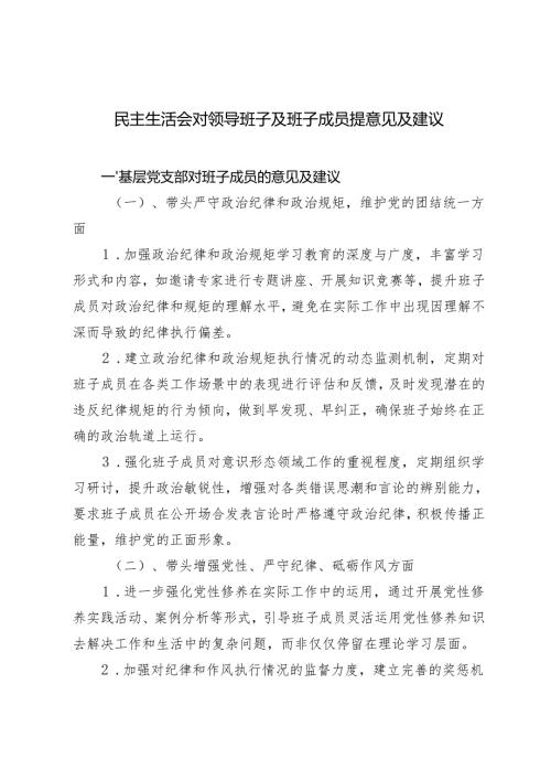1月整理 2024年度民主生活会对领导班子及班子成员提意见及建议.docx