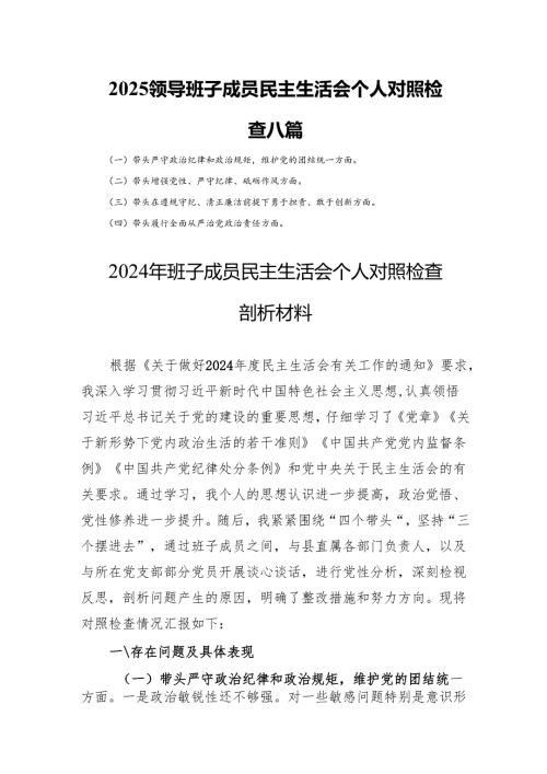 2025领导班子成员民主生活会个人对照检查 八篇.docx