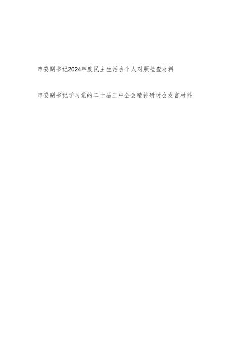 市委副书记2024年度民主生活会四个带头个人对照检查材料和二十届三中全会精神研讨会发言材料.docx