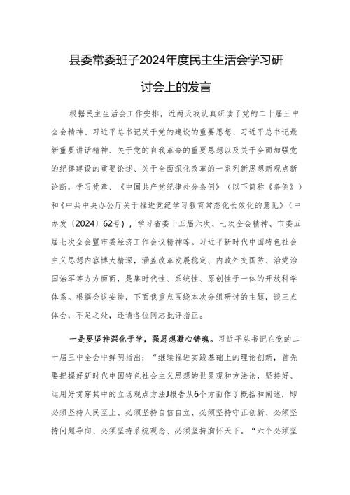 县委常委班子2024年度民主生活会学习研讨会上的发言范文.docx