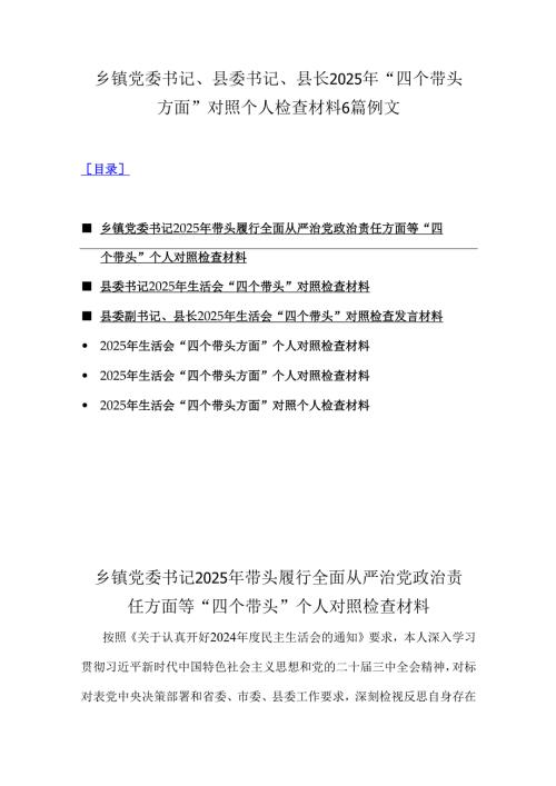 乡镇党委书记、县委书记、县长2025年“四个带头方面”对照个人检查材料6篇例文.docx
