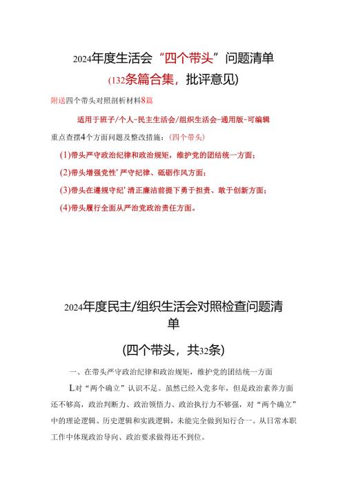 某支部2024年“四个带头”组织生活会批评意见问题清单可修改资料.docx
