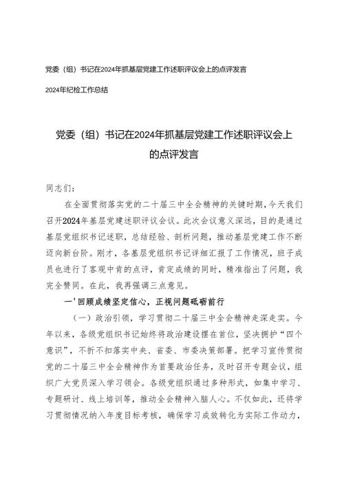 2024年党委（组）书记在抓基层党建工作述职评议会上的点评发言(2024年纪检工作总结).docx