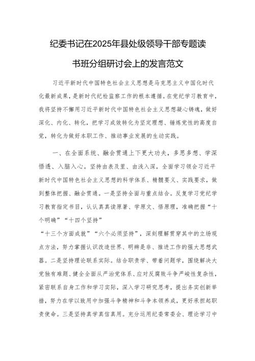 纪委书记在2025年县处级领导干部专题读书班分组研讨会上的发言范文.docx