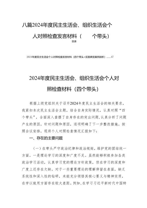 八篇2024年度民主生活、组织生活个人检查发言材料（四个带头）.docx