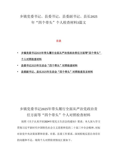 乡镇党委书记、县委书记、县委副书记、县长2025年“四个带头”个人检查材料3篇文.docx