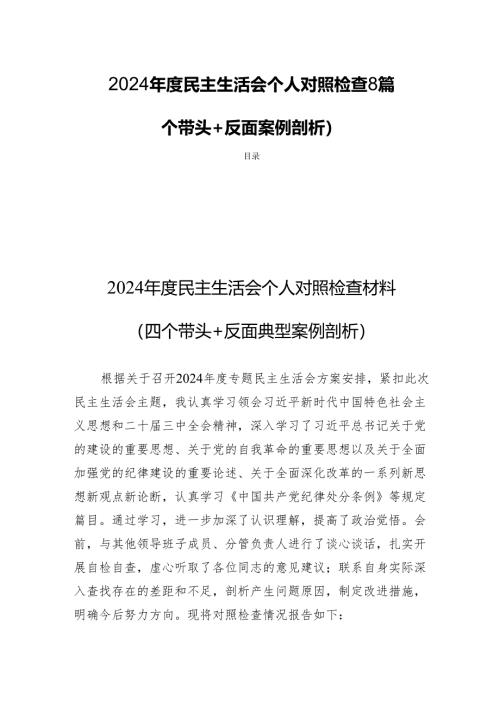 2024年度民主生活个人检查8篇（对照四个带头+反面案例剖析）.docx
