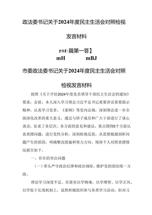 （2篇）政法委书记关于2024年度民主生活会对照检视发言材料（四个带头）.docx