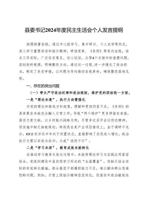 县委书记2024年度民主生活会个人发言提纲.docx