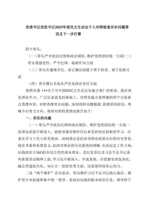 党委书记党组书记2025年度民主生活会个人对照检查存在问题原因及下一步打算(四篇).docx