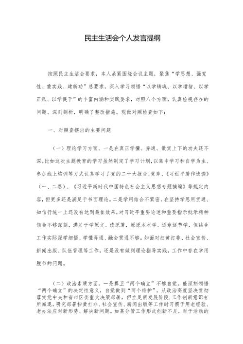 民主生活会个人发言提纲.docx