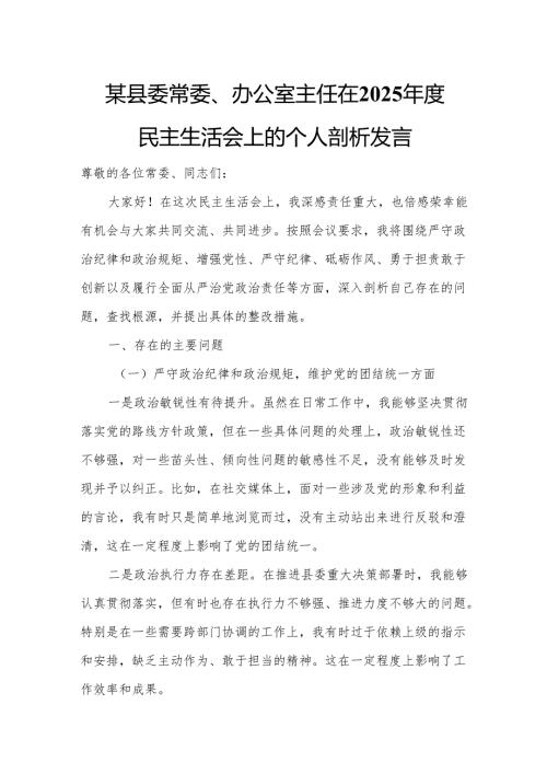 某县委常委、办公室主任在2025年度民主生活会上的个人剖析发言.docx