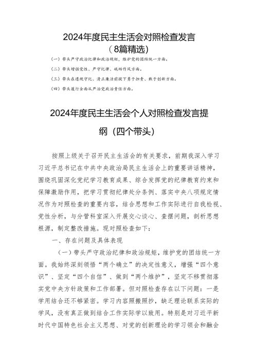 2024年度民主生活对照检查发言（8篇精选）.docx