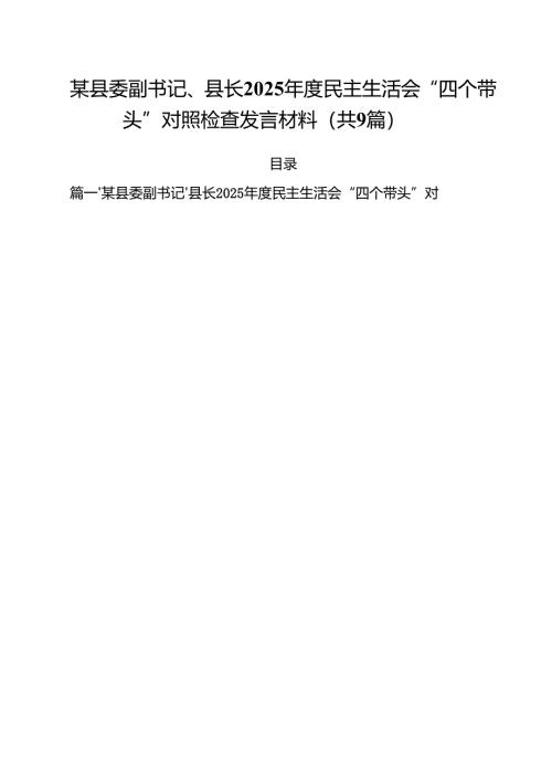 某县委副书记、县长2025年度民主生活会“四个带头”对照检查发言材料（共9篇）.docx