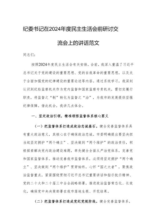 纪委书记在2024年度民主生活会前研讨交流会上的讲话范文.docx