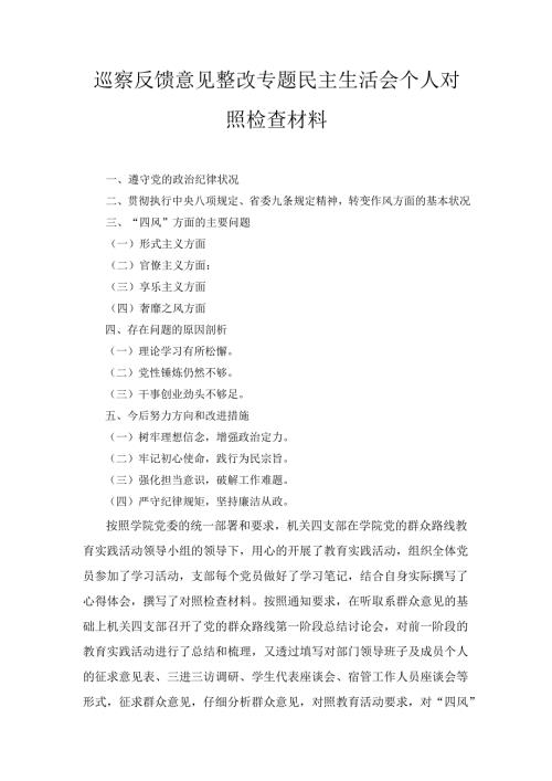 巡察反馈意见整改专题民主生活会 个人对照检查材料 .docx