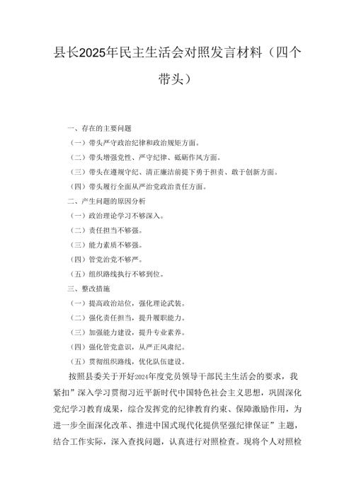 县长（2025年）民主生活会对照发言材料（四个带头）.docx