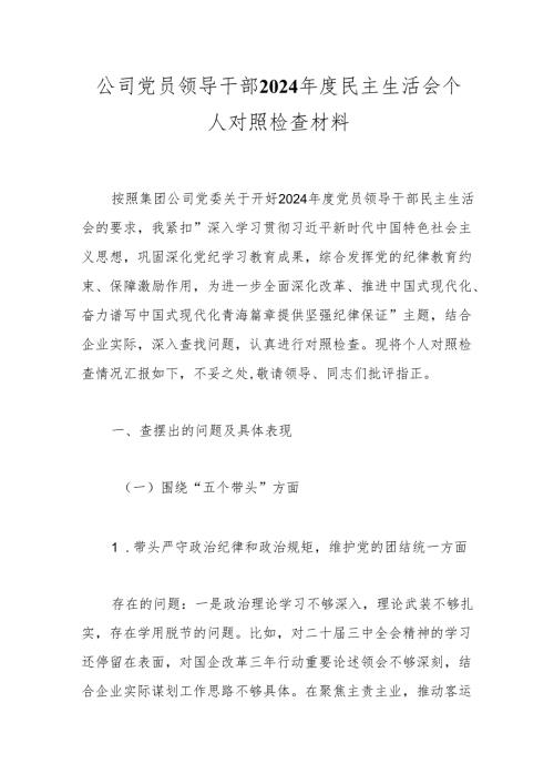 公司党员领导干部2024年度民主生活会个人对照检查材料.docx