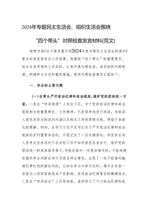 2024年专题民主生活会、组织生活会围绕“四个带头”对照检查发言材料（范文）.docx