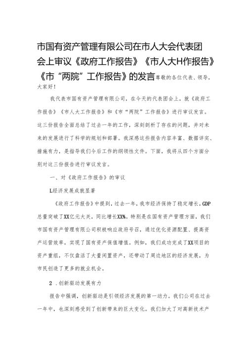 市国有资产管理有限公司在市人大会代表团会上审议《政府工作报告》《市人大工作报告》《市“两院”工作报告》的发言.docx
