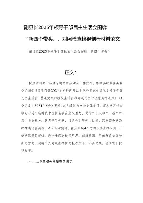 副县长2025年领导干部民主生活会围绕“新四个带头”对照检查检视剖析材料范文.docx