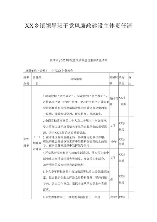 XX乡镇领导班子党风廉政建设主体责任清单1.docx