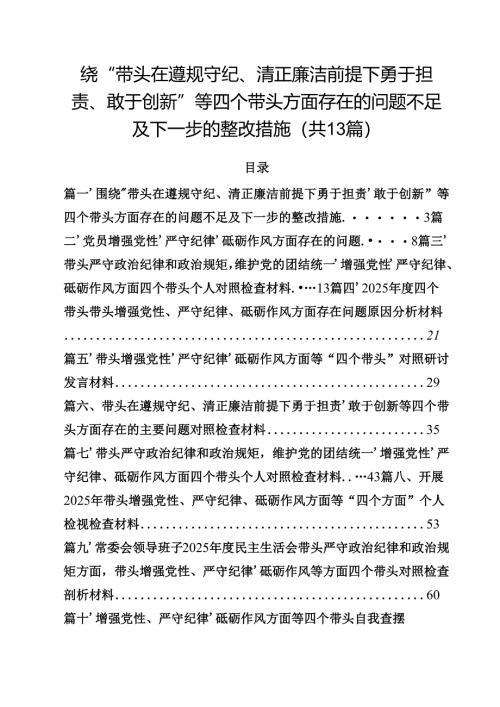 围绕“带头在遵规守纪、清正廉洁前提下勇于担责、敢于创新”等四个带头方面存在的问题不足及下一步的整改措施13篇（最新版）.docx