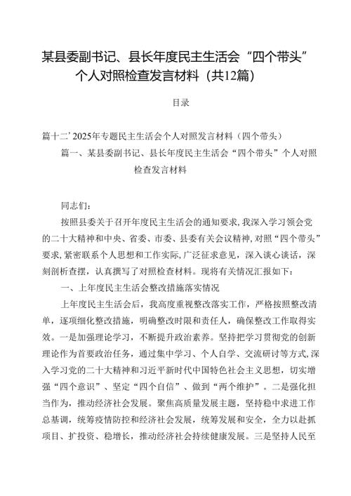 某县委副书记、县长2025年度民主生活会“四个带头”个人对照检查发言材料（共12篇）.docx