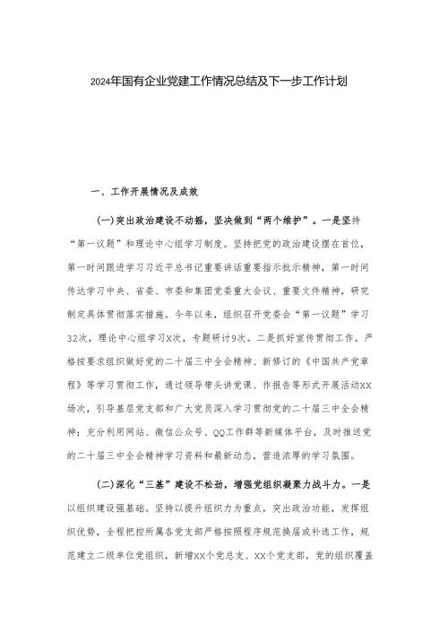 2024年国有企业党建工作情况总结及下一步工作计划2篇.docx