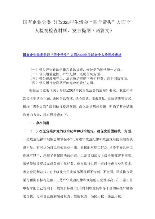国有企业党委书记2025年生活会“四个带头”方面个人检视检查材料、发言提纲（两篇文）.docx