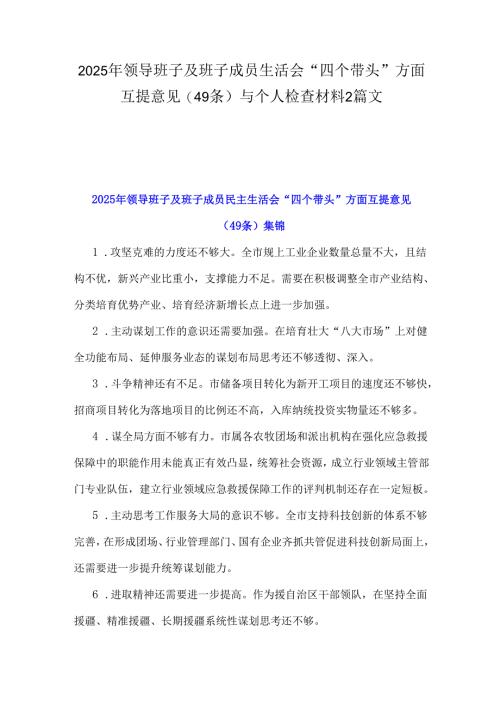 2025年领导班子及班子成员生活会“四个带头”方面互提意见(49条)与个人检查材料2篇文.docx