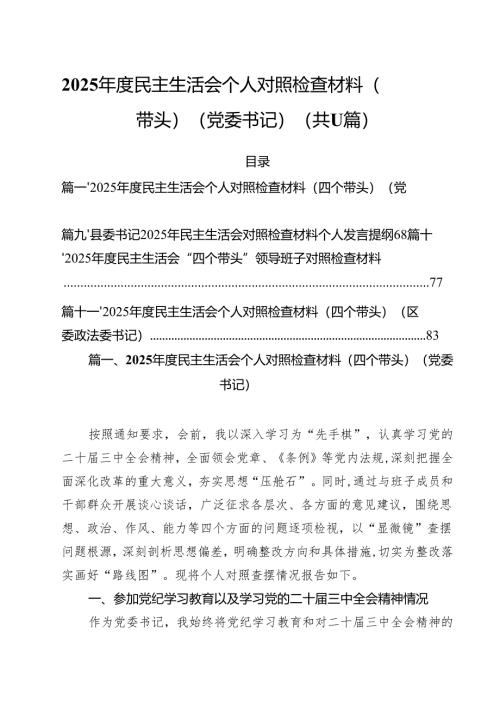 （11篇）2025年度民主生活会个人对照检查材料（四个带头）（党委书记）范文.docx