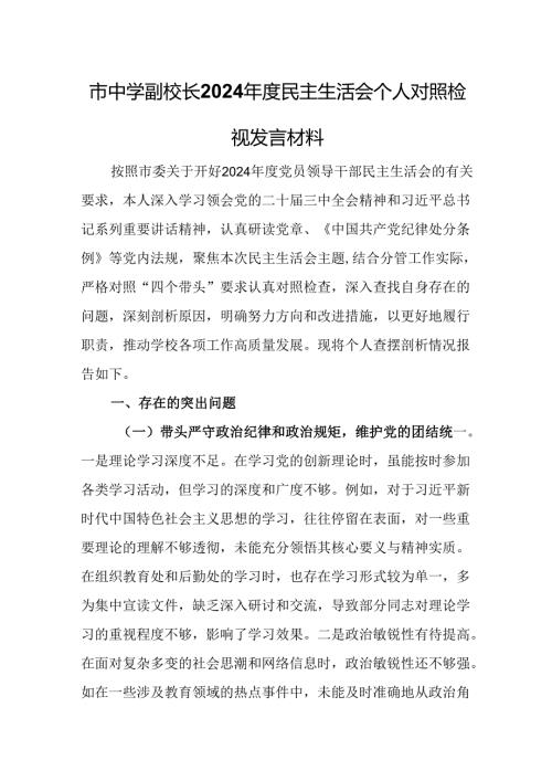 市中学副校长2024年度民主生活会个人对照检视发言材料.docx