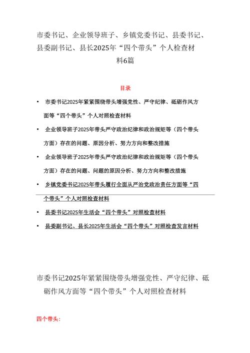 市委书记、企业领导班子、乡镇党委书记、县委书记、县委副书记、县长2025年“四个带头”个人检查材料6篇.docx