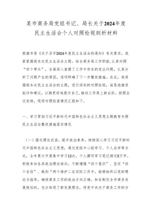 某市商务局党组书记、局长关于2024年度民主生活会个人对照检视剖析材料.docx