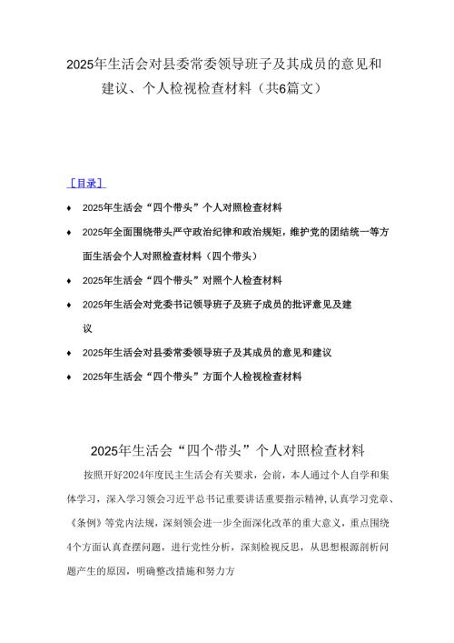 2025年生活会对县委常委领导班子及其成员的意见和建议、个人检视检查材料（共6篇文）.docx