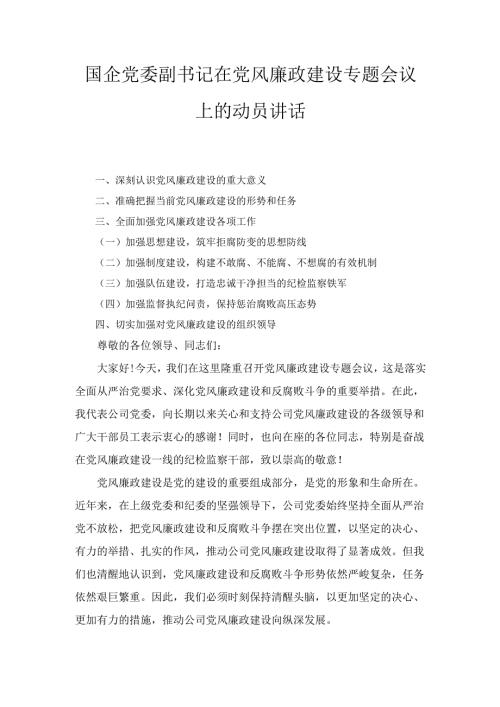 国企党委副书记在党风廉政建设专题会议上的动员 讲话.docx