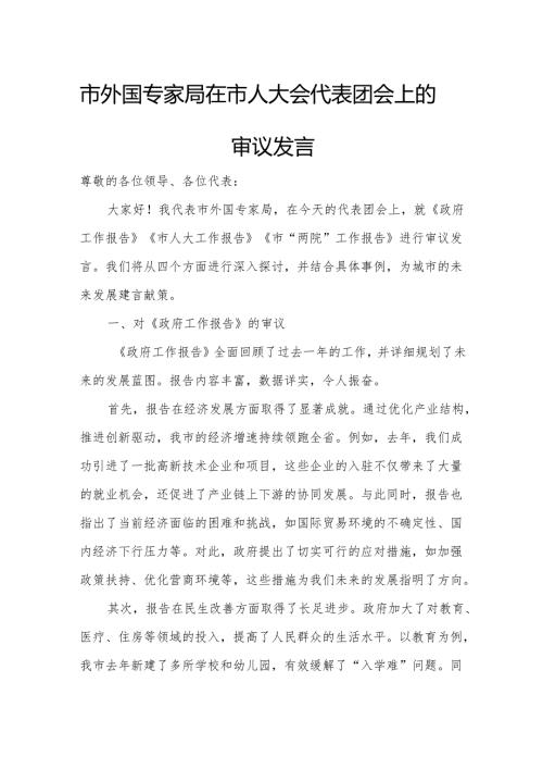 市外国专家局在市人大会代表团会上的审议发言.docx