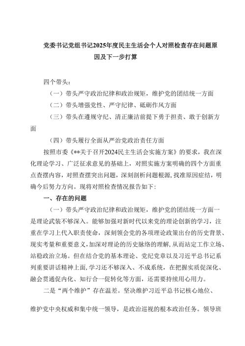 党委书记党组书记2025年度民主生活会个人对照检查存在问题原因及下一步打算（3篇）.docx