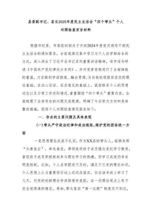 县委副书记、县长2025年度民主生活会“四个带头”个人对照检查发言材料.docx