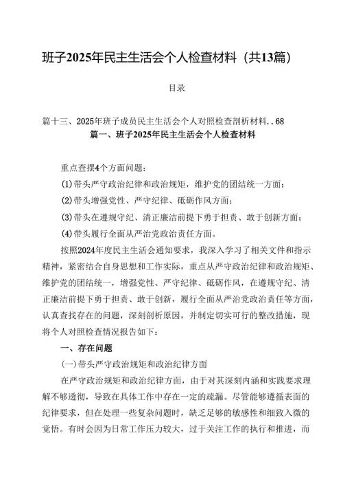 班子2025年民主生活会个人检查材料（共13篇）.docx