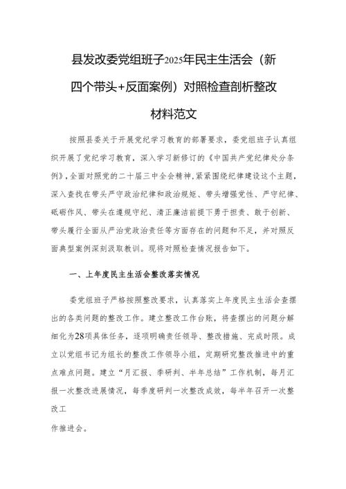 县发改委党组班子2025年民主生活会（新四个带头＋反面案例）对照检查剖析整改材料范文.docx