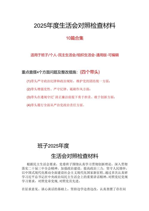 领导2025年度民主生活会（四个带头）对照检材剖析材料材料10篇.docx