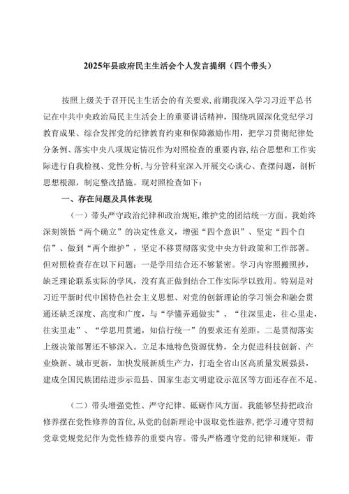 2025年县政府民主生活会个人发言提纲（四个带头）【4篇】供参考.docx
