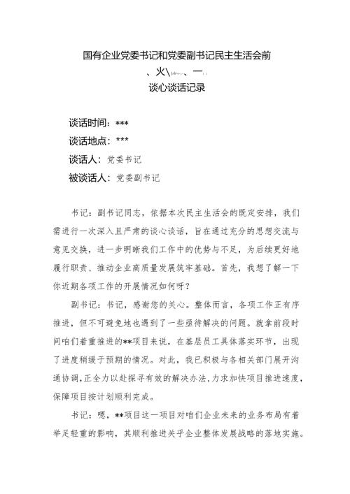 国有企业公司党委书记和党委副书记民主生活会前谈心谈话记录.docx
