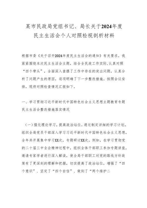 某市民政局党组书记、局长关于2024年度民主生活会个人对照检视剖析材料.docx