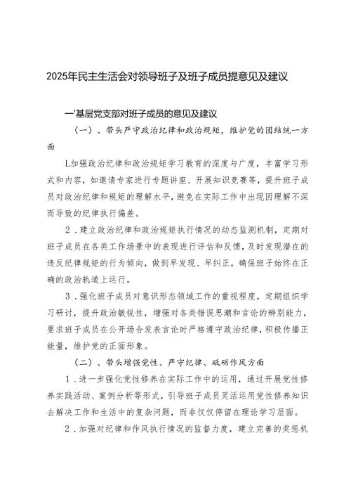 2025年民主生活会对领导班子及班子成员提意见及建议.docx